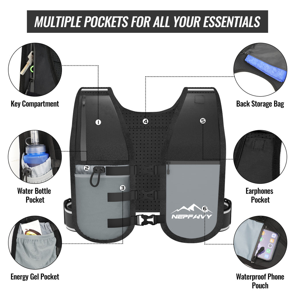 Nepfaivy Reflective Running Vest – Lightweight Hydration Vest with 6 Pockets, Waterproof Phone Holder, Adjustable Chest & Waist Straps for Running & Cycling