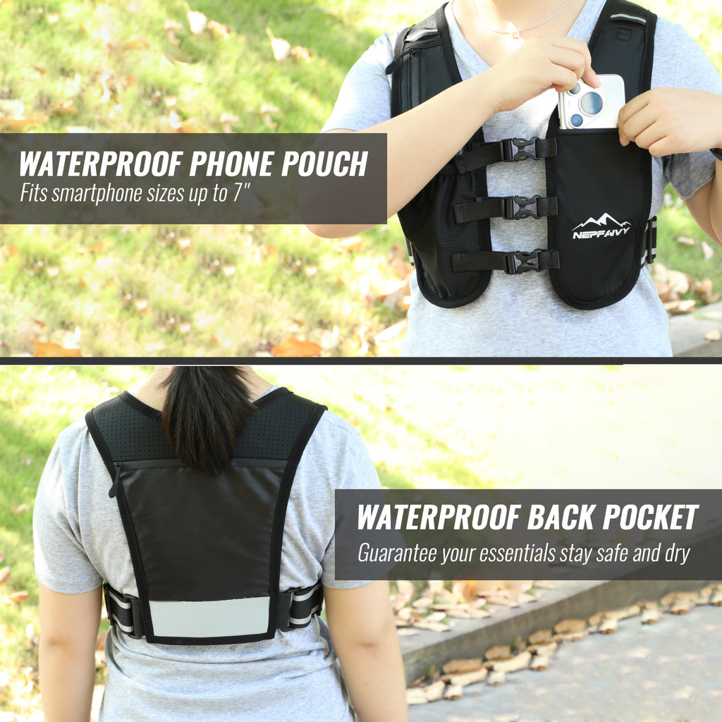 Nepfaivy Reflective Running Vest – Lightweight Hydration Vest with 6 Pockets, Waterproof Phone Holder, Adjustable Chest & Waist Straps for Running & Cycling
