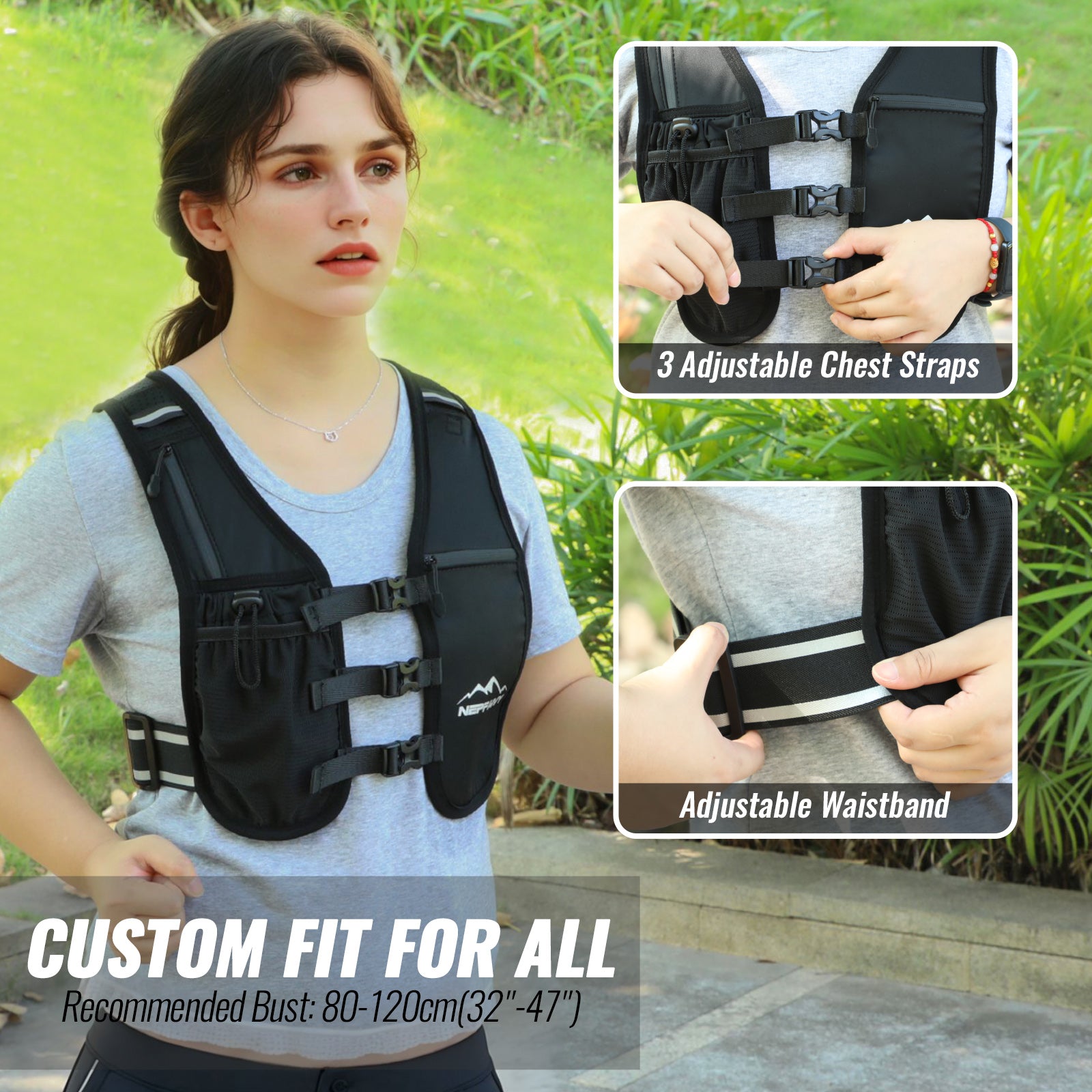 Nepfaivy Reflective Running Vest – Lightweight Hydration Vest with 6 Pockets, Waterproof Phone Holder, Adjustable Chest & Waist Straps for Running & Cycling