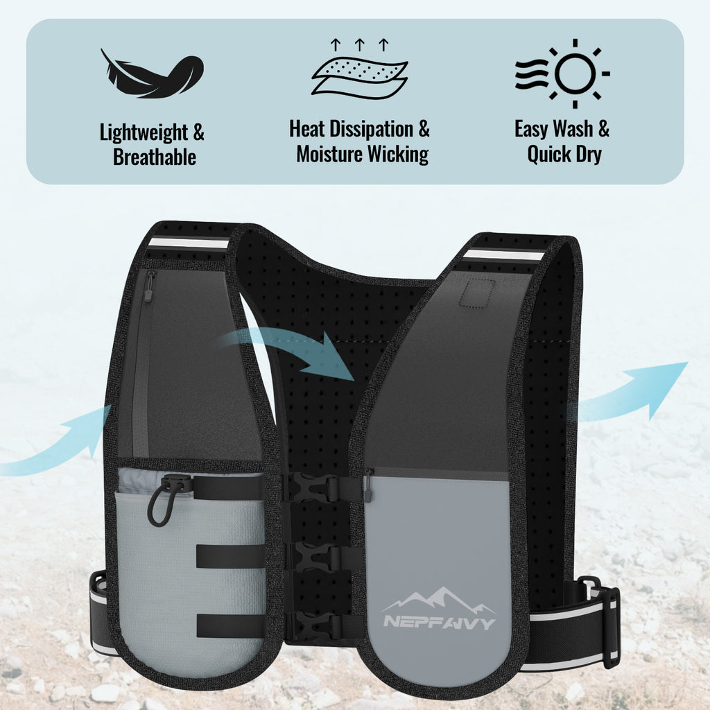 Nepfaivy Reflective Running Vest – Lightweight Hydration Vest with 6 Pockets, Waterproof Phone Holder, Adjustable Chest & Waist Straps for Running & Cycling