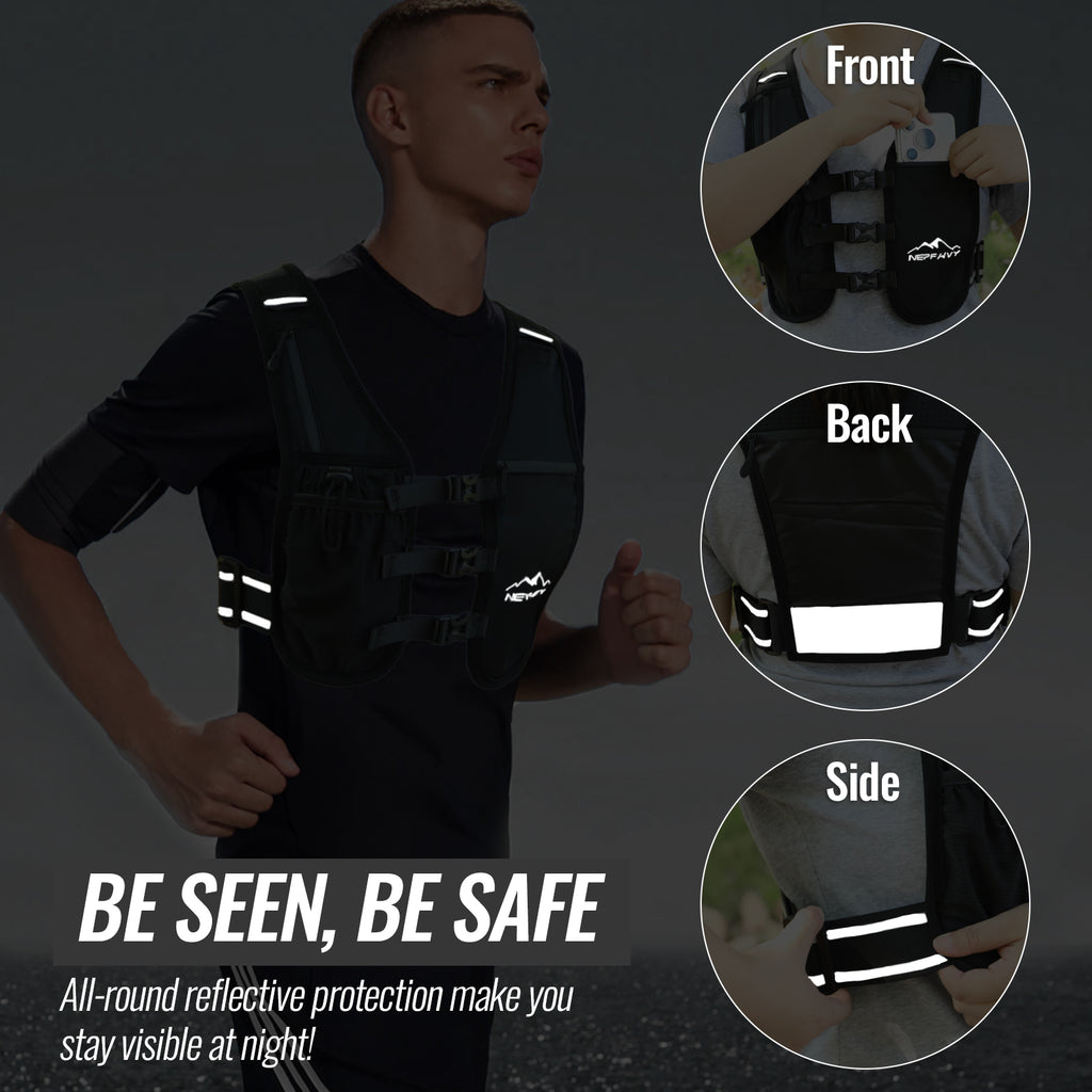 Nepfaivy Reflective Running Vest – Lightweight Hydration Vest with 6 Pockets, Waterproof Phone Holder, Adjustable Chest & Waist Straps for Running & Cycling