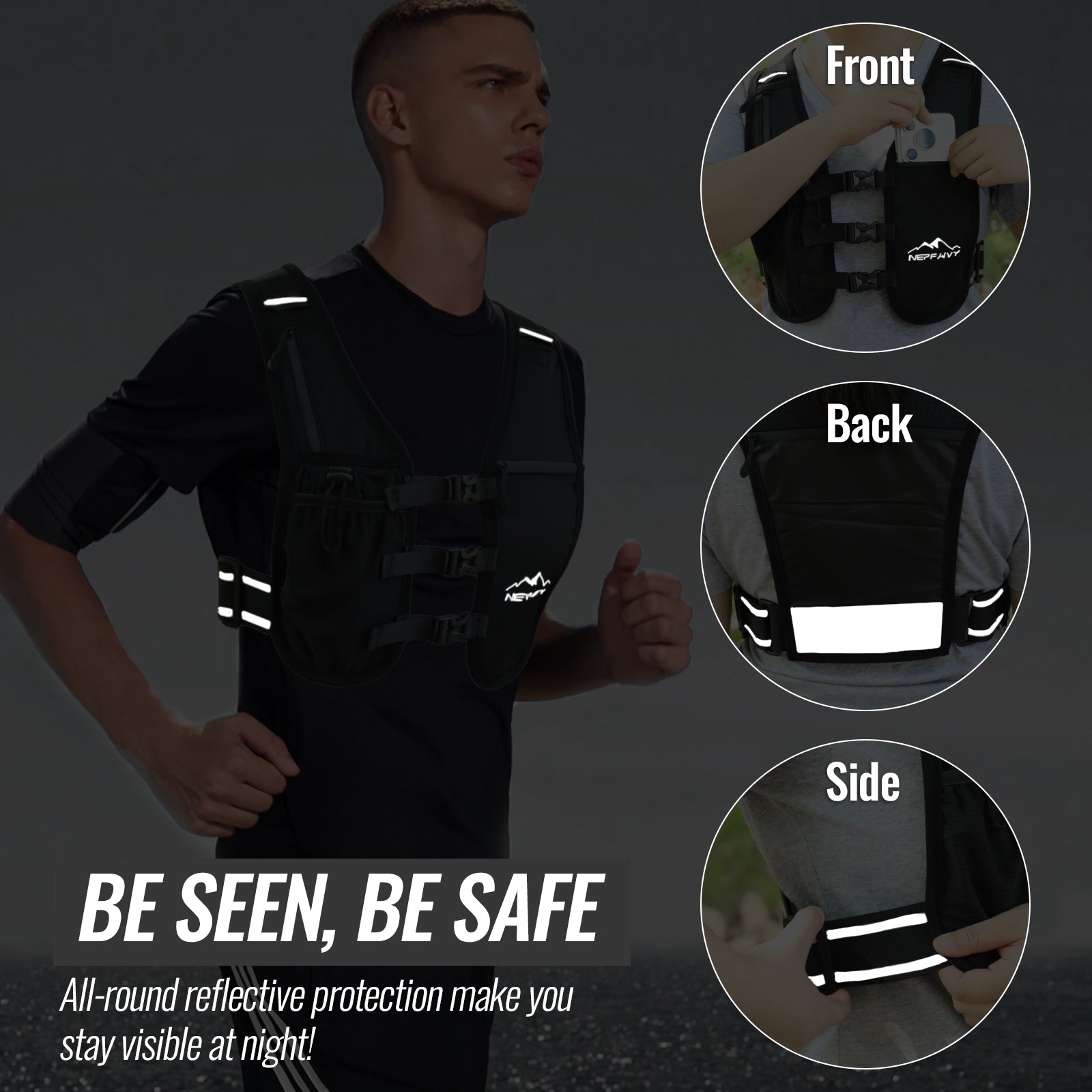 Nepfaivy Reflective Running Vest – Lightweight Hydration Vest with 6 Pockets, Waterproof Phone Holder, Adjustable Chest & Waist Straps for Running & Cycling